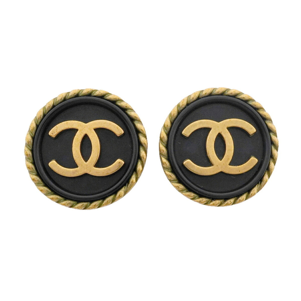 Chanel Earrings, Coco Mark Circle, GP Plated, Gold, Black, Women's